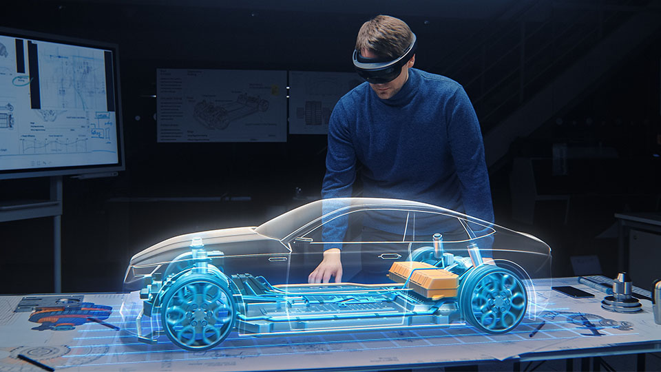 Engineer looking at an EV skateboard through VR goggles