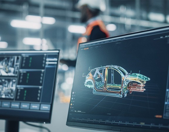 Car body CAD image on a computer screen